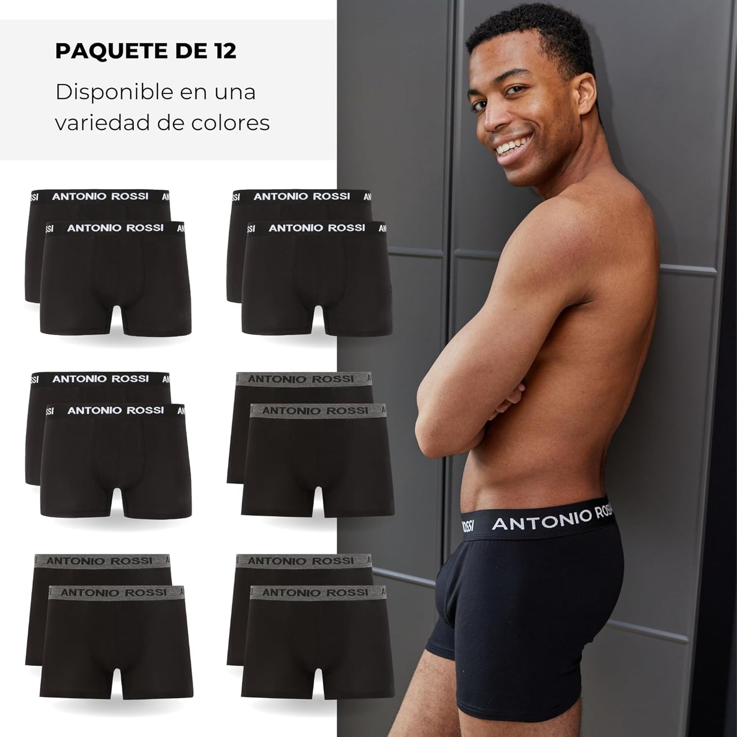 Antonio Rossi (paquete de 12) boxers ajustados para hombre - Calzoncillos tipo bóxer para hombre con cintura elástica